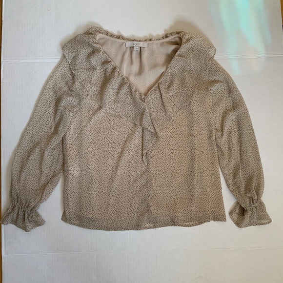 Loft Dotted Cream Beige V Neck Ruffle Lined Long Sleeve Crepe Career Blo… - Picture 11 of 14